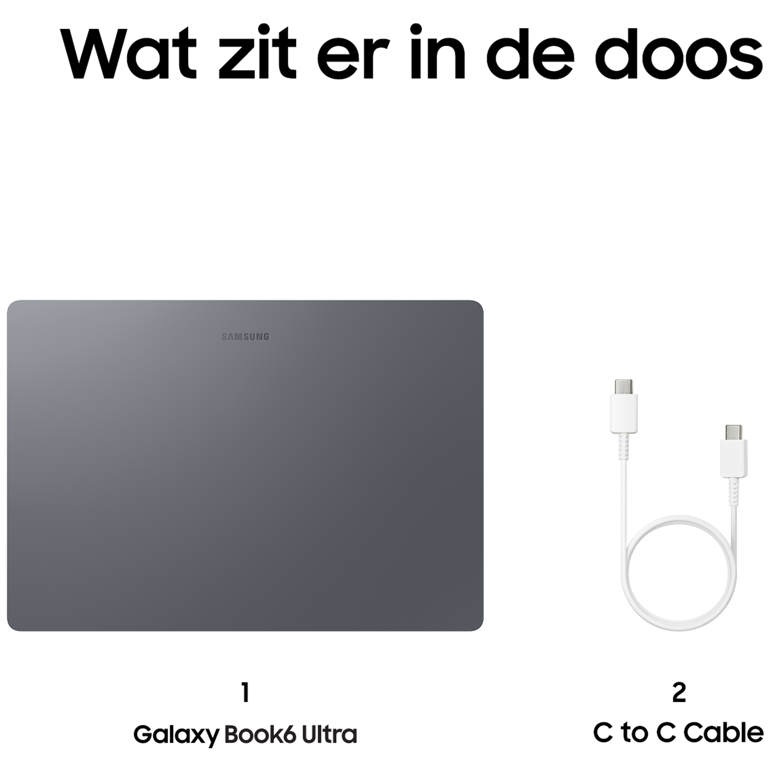 A gray Samsung Galaxy Book6 Ultra and a white USB-C cable.