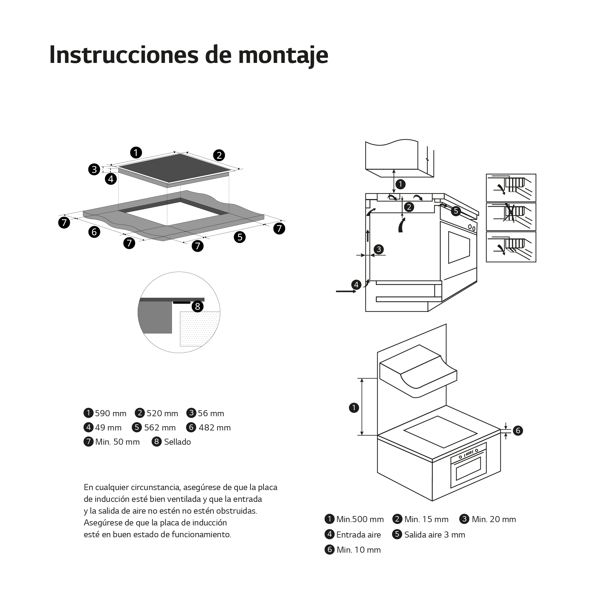 Instrucciones de montaje con diagramas de placas y hornos con medidas.