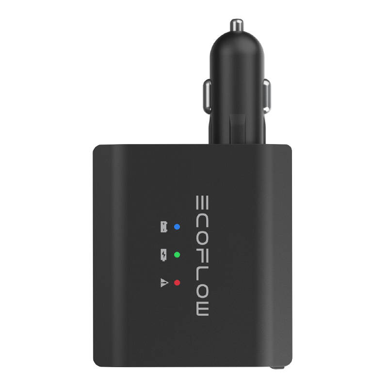 Fekete autós töltő ECOFLOW logóval és állapotjelző LED-ekkel.