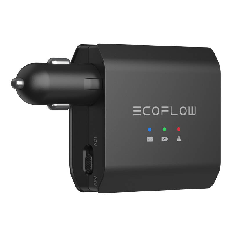 Fekete Ecoflow adapter autós csatlakozóval és LED visszajelzőkkel.