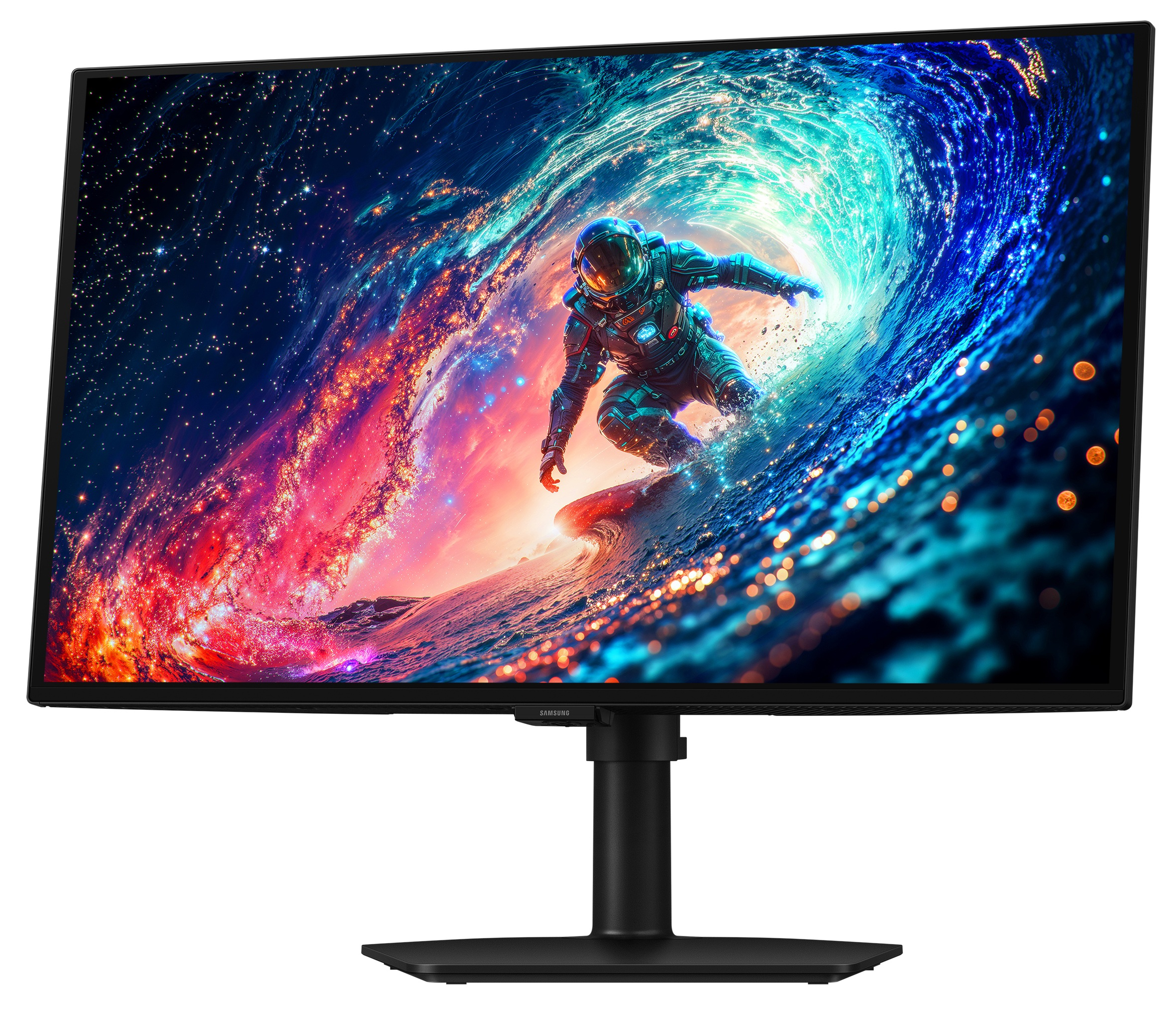 Astronauta surfuje po kosmicznej fali z gwiazdami i mgławicami.