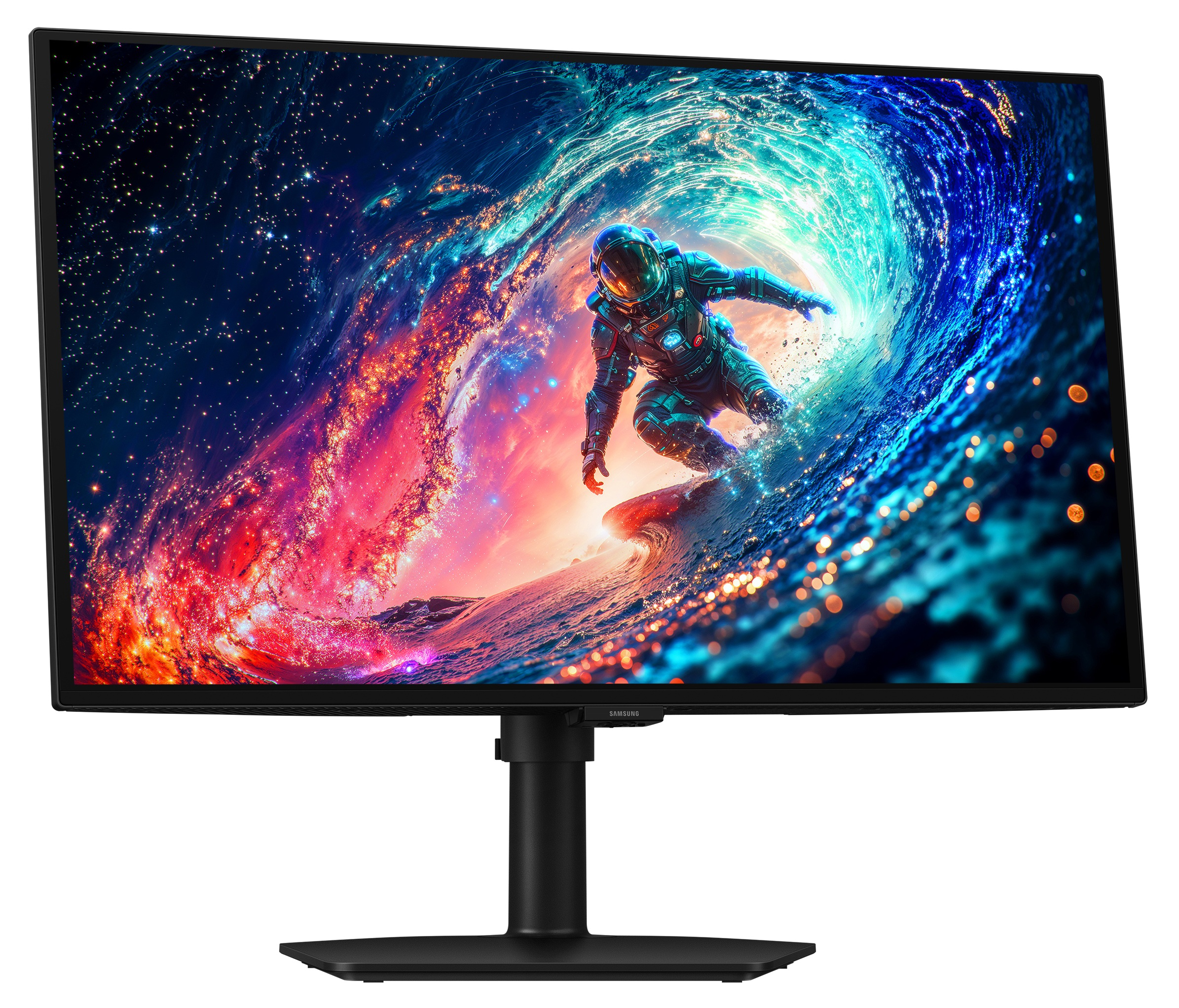 Astronauta surfuje po kosmicznej fali na tle gwiaździstego nieba.