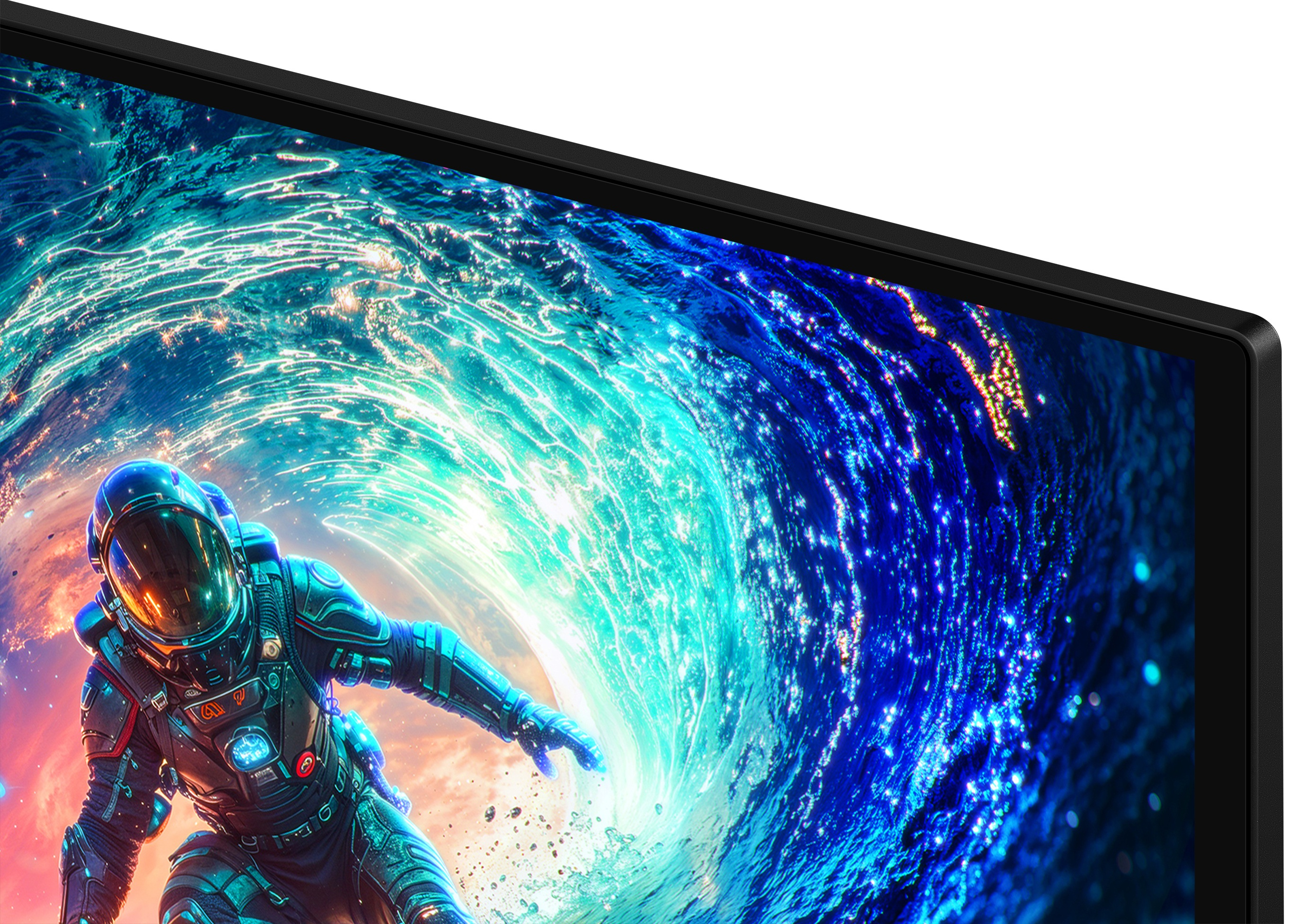 Astronauta w niebieskim kombinezonie jedzie na świecącej fali.