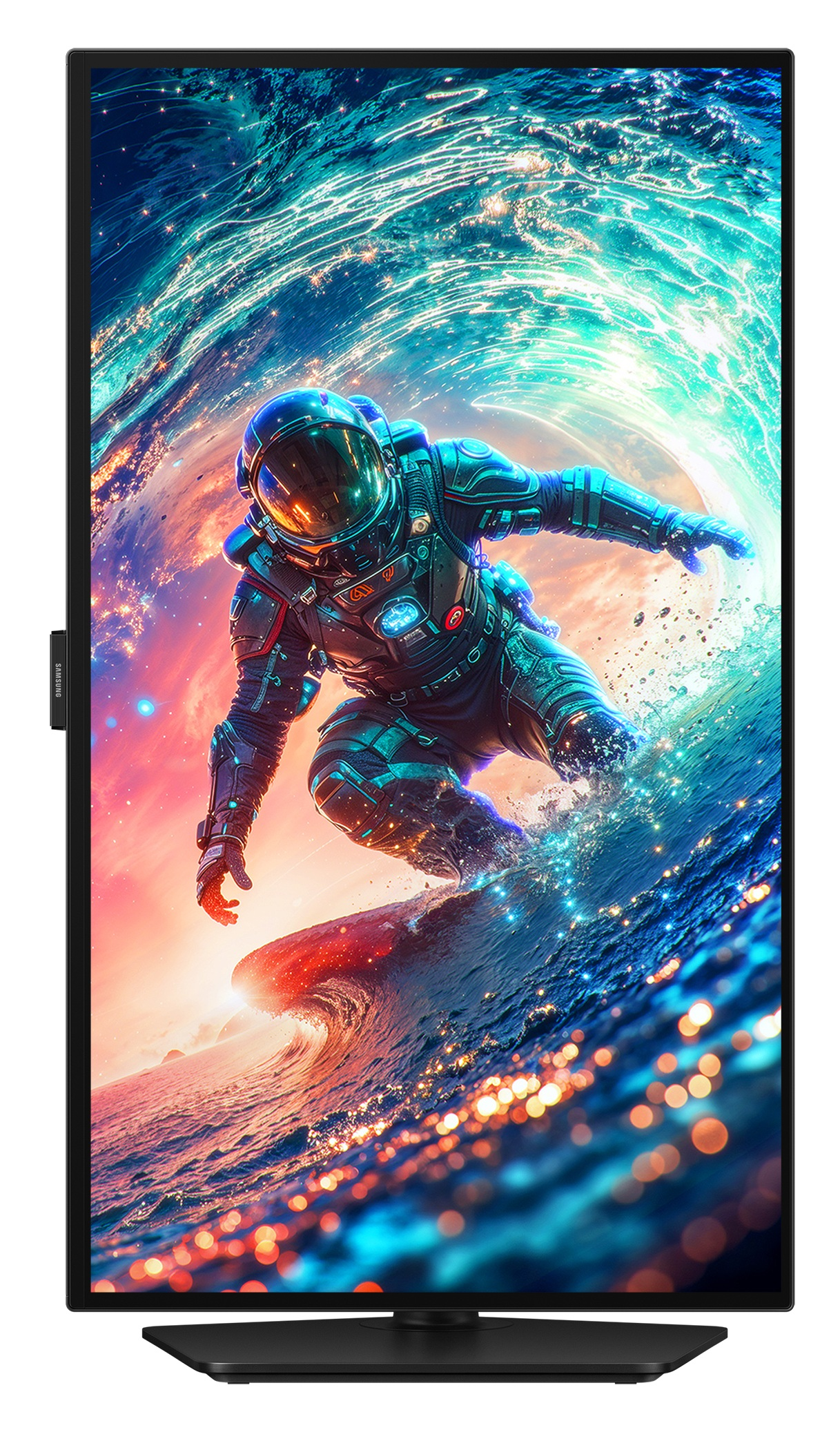 Astronauta surfuje po fali światła i gwiazd w przestrzeni kosmicznej.