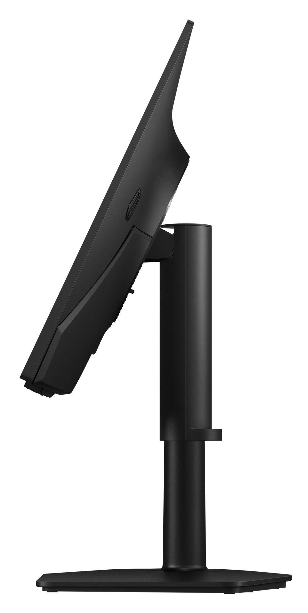 Czarny monitor na stojaku, widziany z boku.