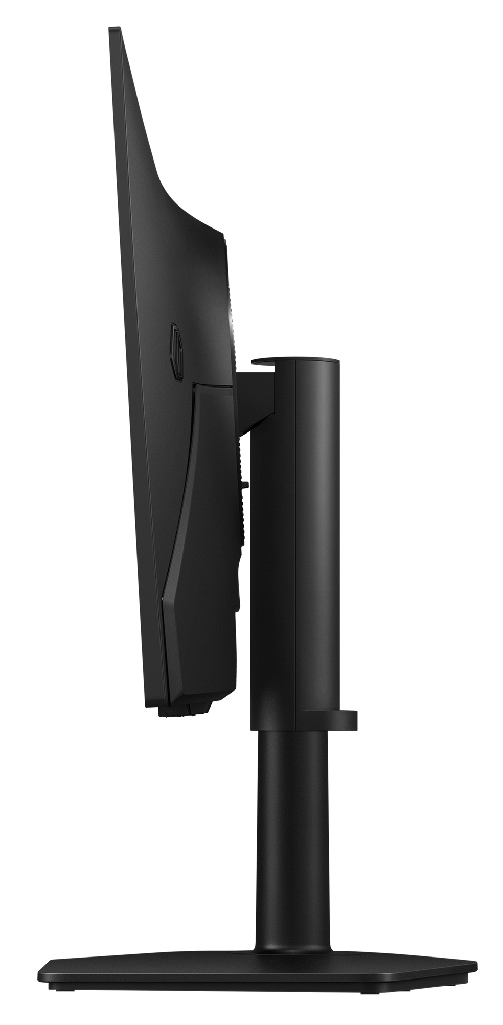 Czarny monitor komputerowy widziany z profilu na białym tle.