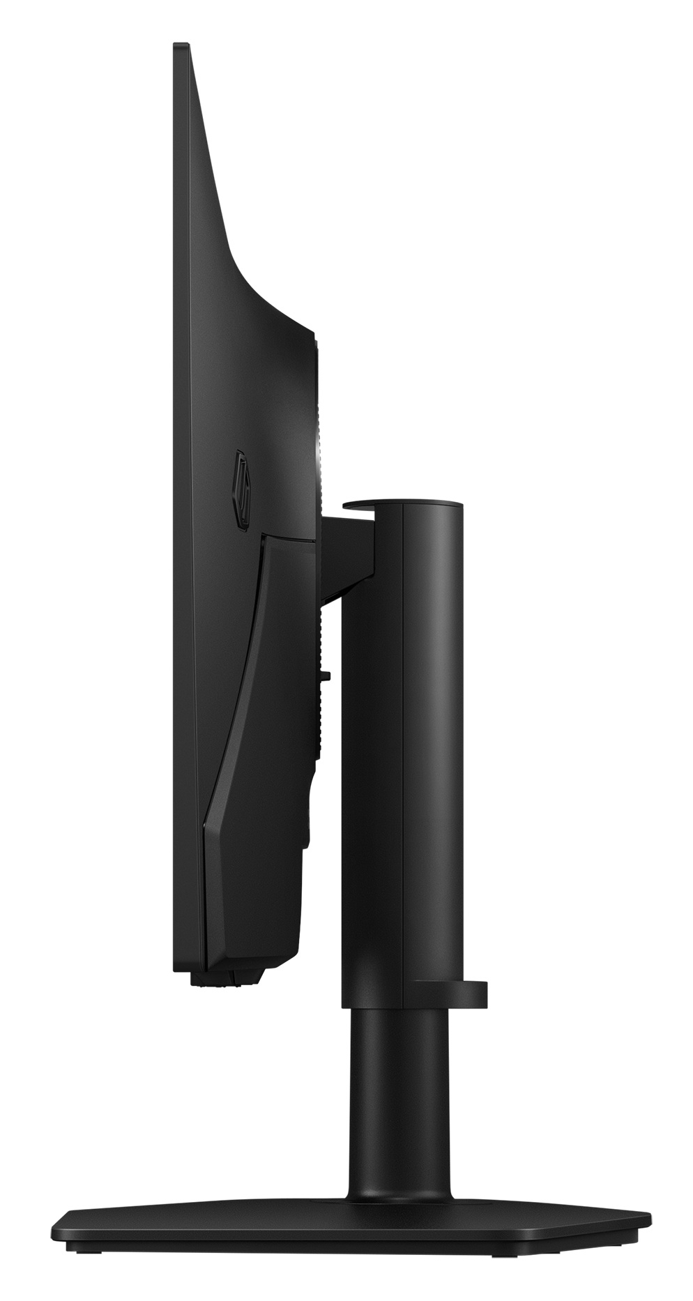 Czarny monitor komputerowy z profilu na białym tle.