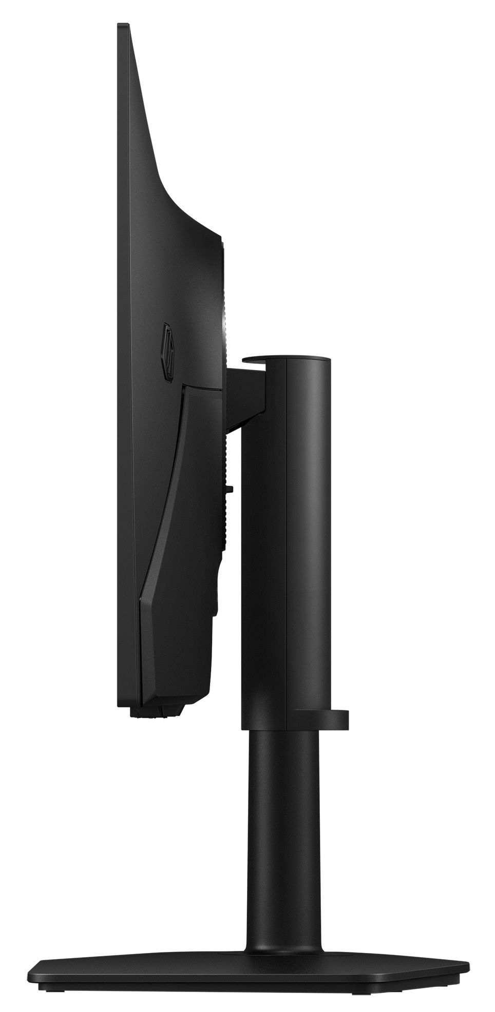 Czarny monitor w profilu ze stojakiem na białym tle.