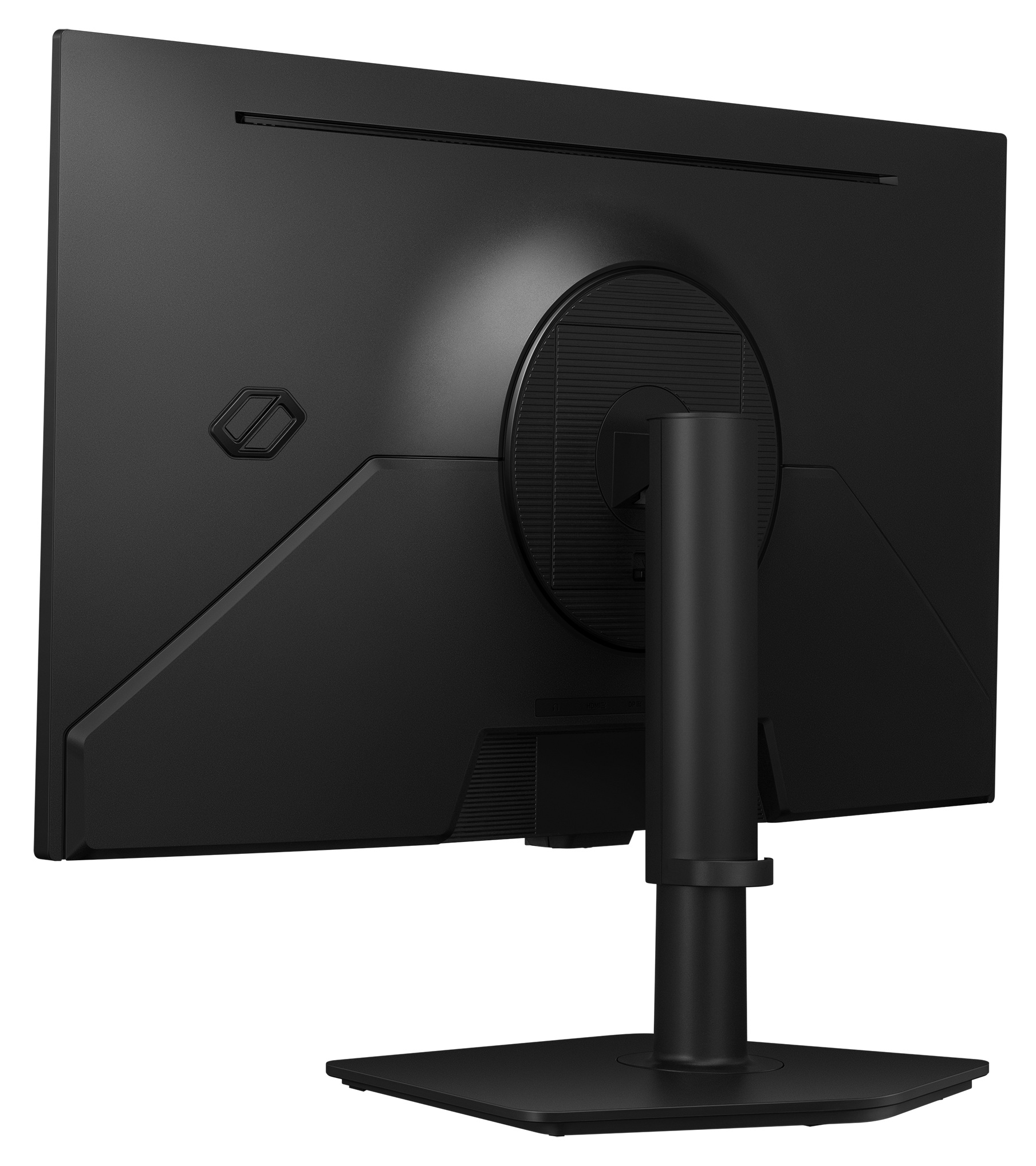 Tył czarnego monitora komputerowego ze stojakiem i otworami wentylacyjnymi.