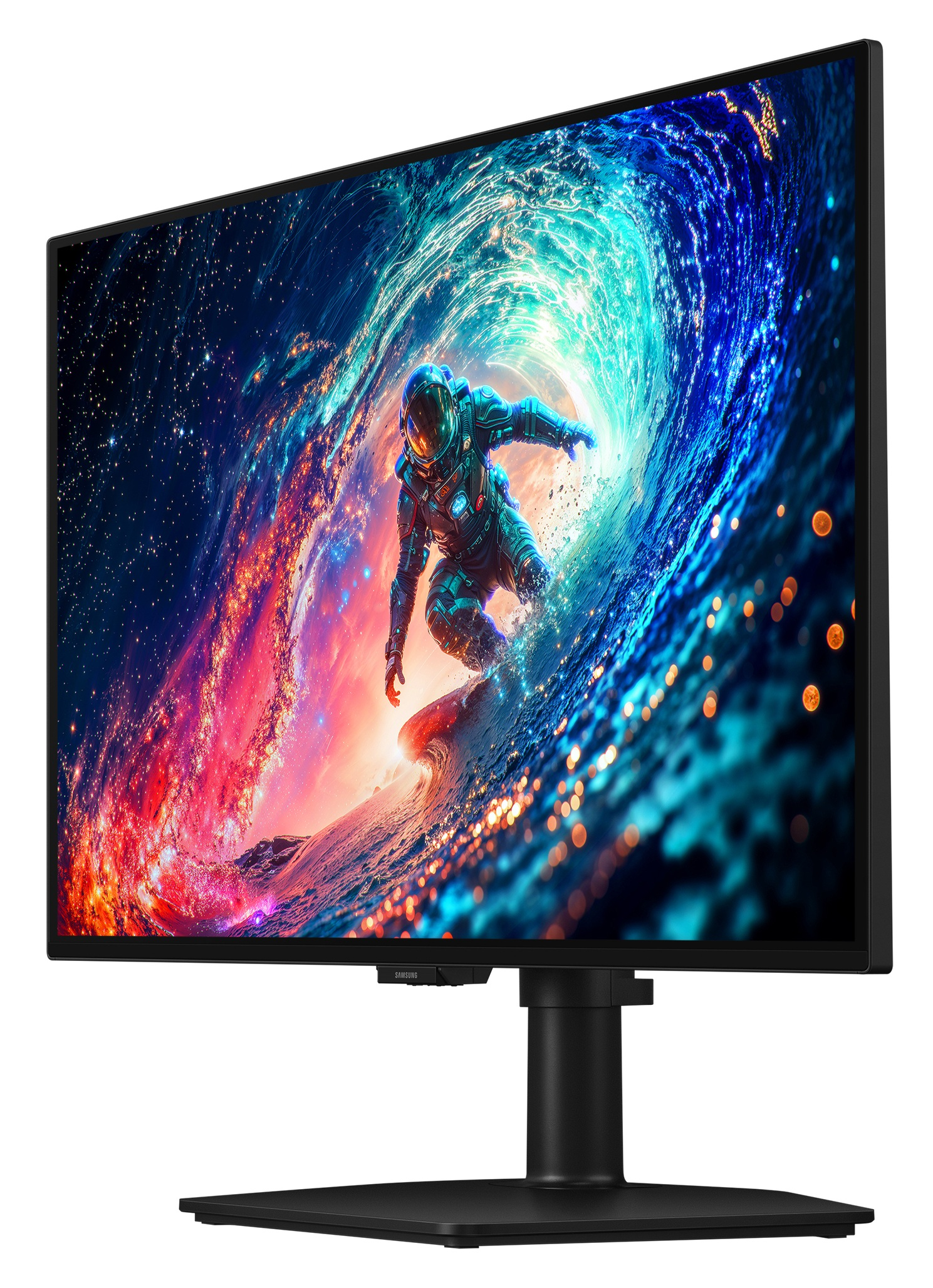 Astronauta jedzie na fali przez kolorowy kosmiczny wir.