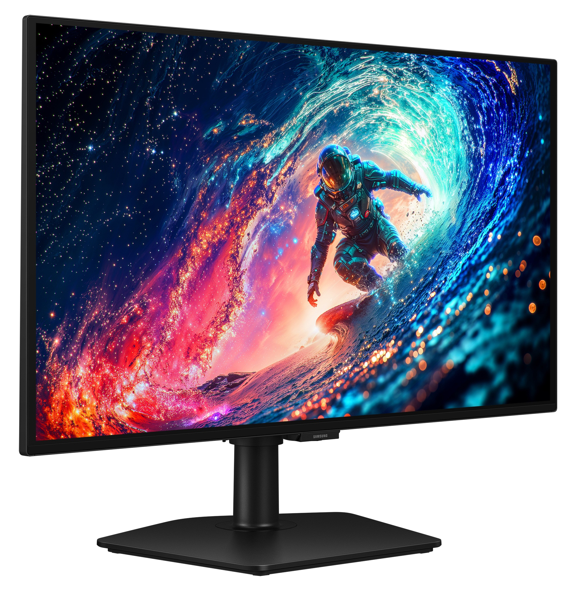 Astronauta surfuje po kosmicznej fali z gwiazdami i mgławicami.