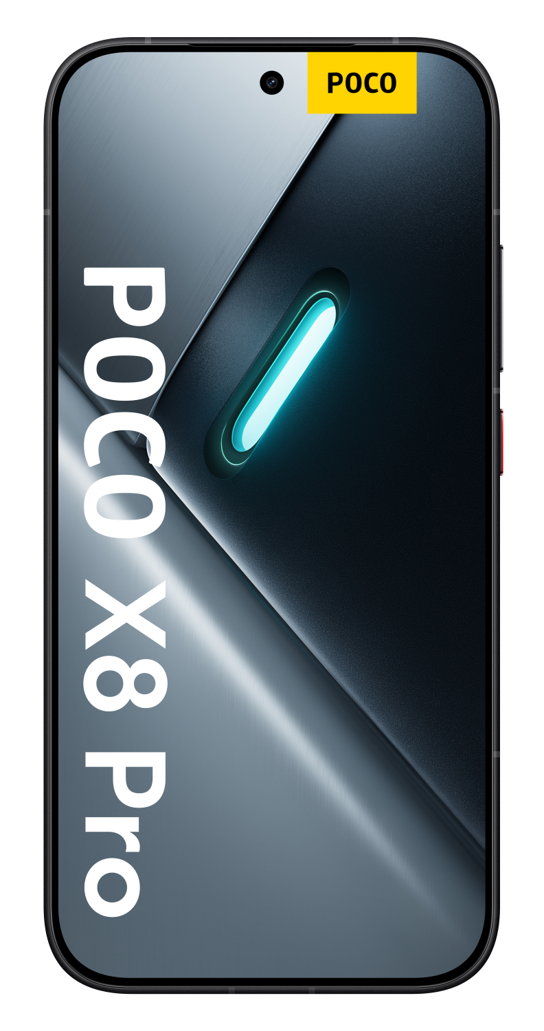 Czarny smartfon z napisem „POCO X8 Pro” i niebieskim paskiem światła.