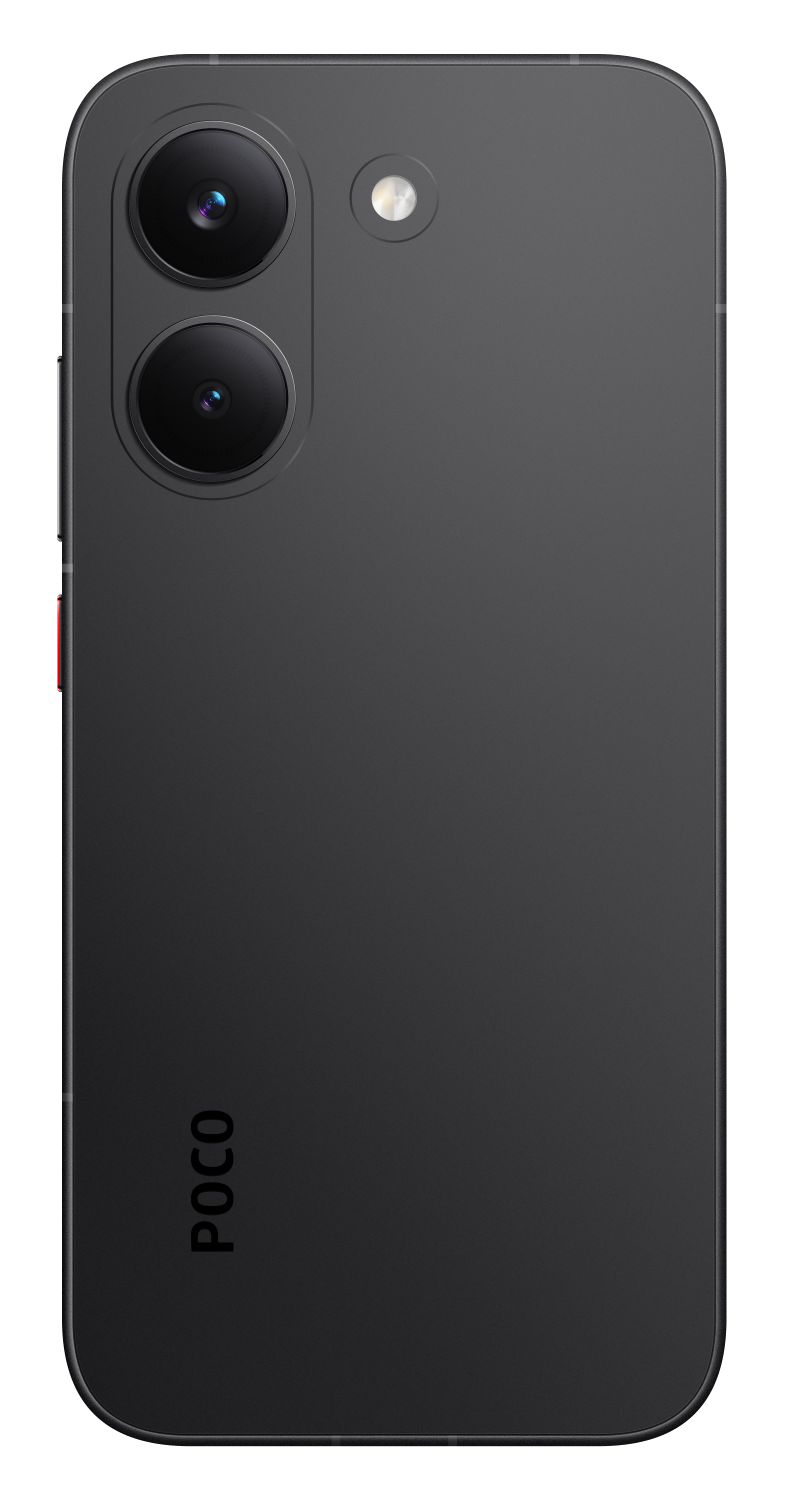 Ciemnoszary smartfon z podwójnym tylnym aparatem i lampą błyskową. Widoczne logo POCO.