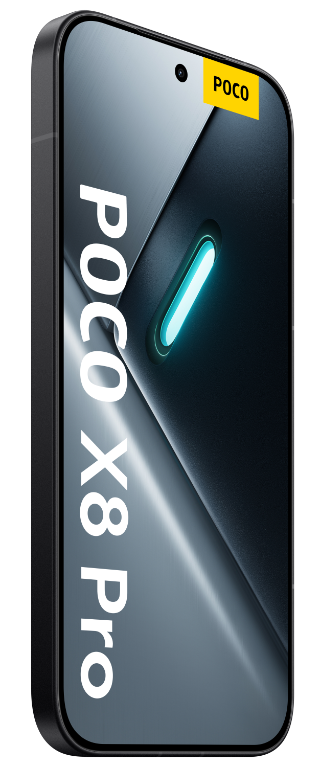 Smartfon POCO X8 Pro z niebieskim akcentem świetlnym i logo POCO na żółtej naklejce.