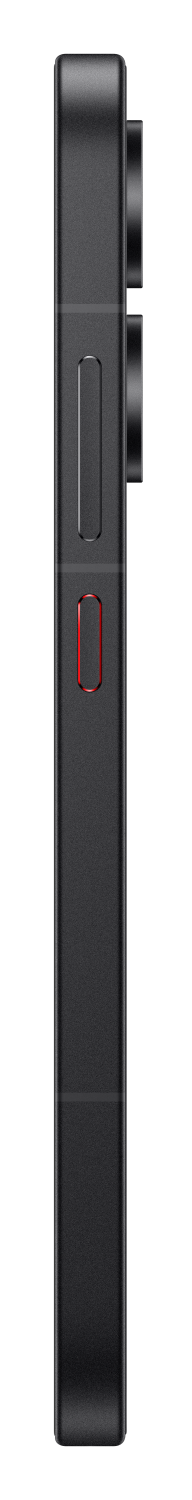 Ciemnoszare profil smartfona z czerwonymi i czarnymi przyciskami na czarnym tle.