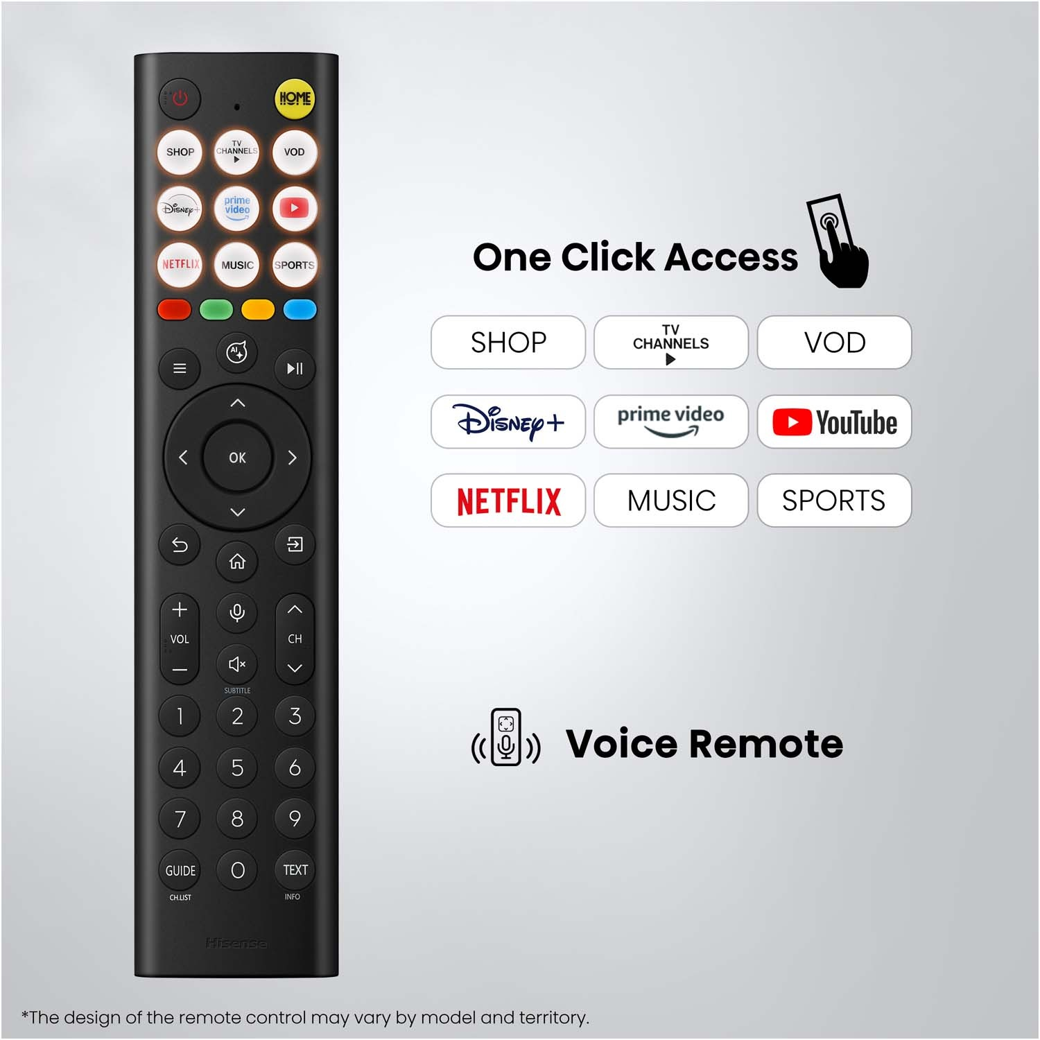Telecomando TV nero con pulsanti app e tastierino numerico.
