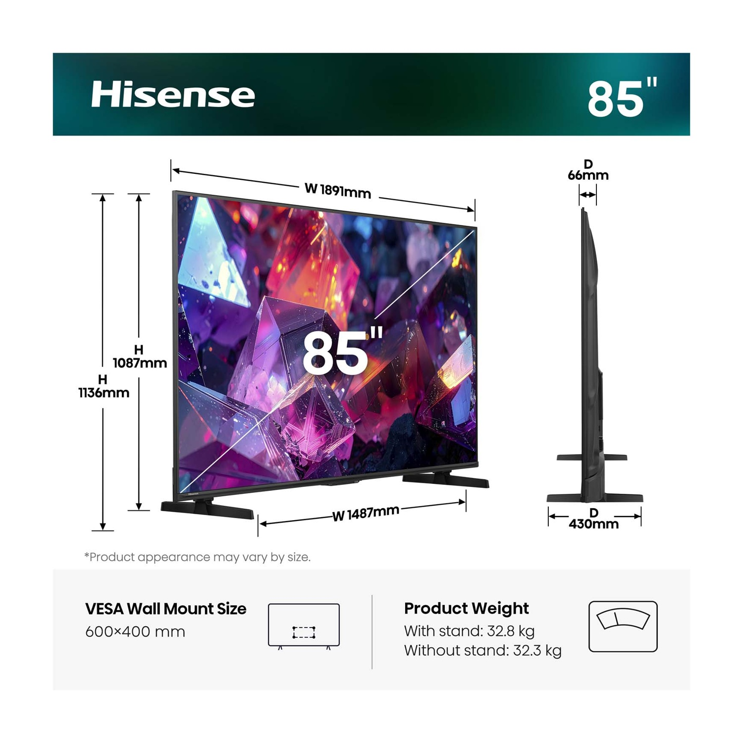 TV Hisense da 85 pollici. Dimensioni: L 1891mm, A 1087mm, P 66mm. VESA 600x400mm.