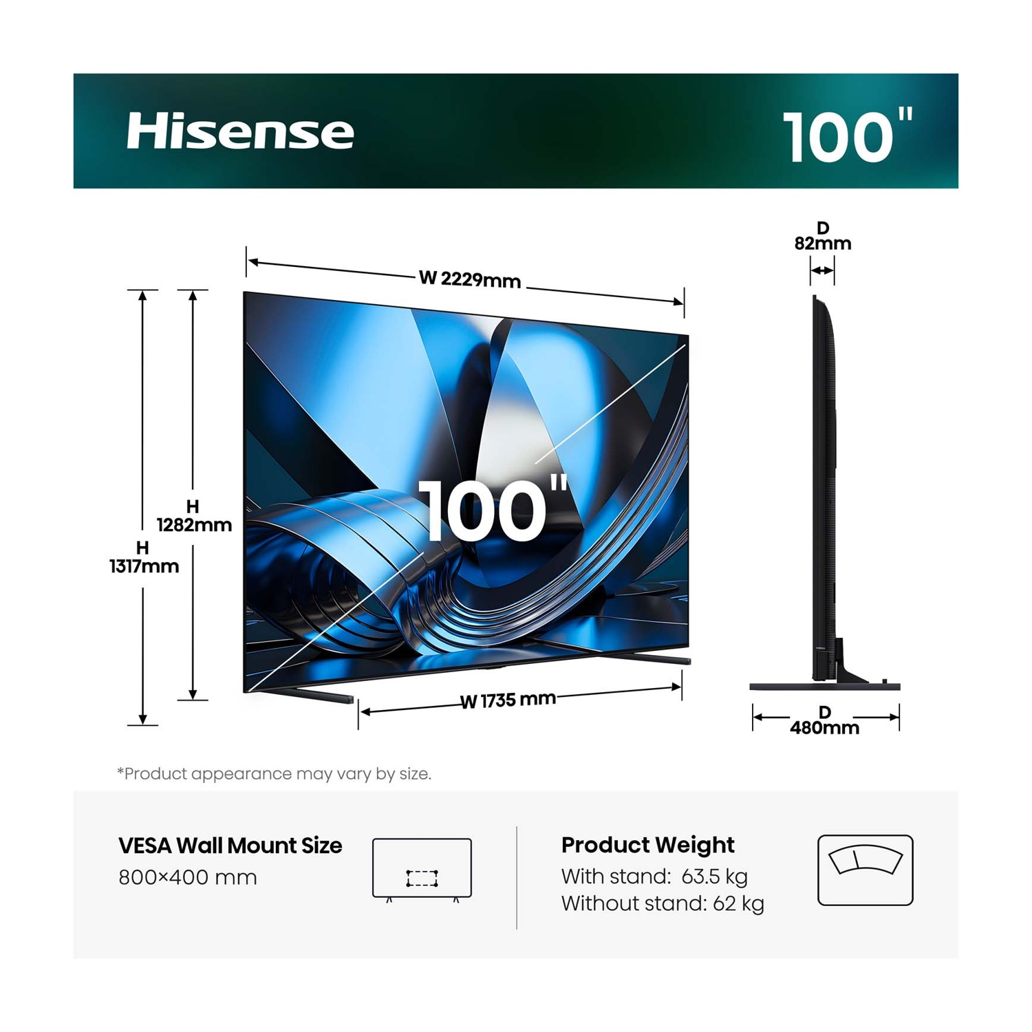 TV Hisense da 100 pollici con dimensioni e peso. VESA 800x400 mm.