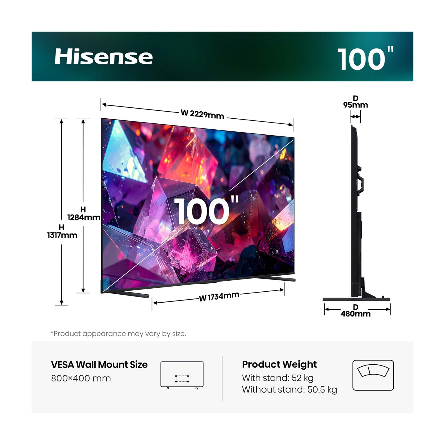 TV Hisense da 100 pollici con dimensioni e peso. VESA 800x400.