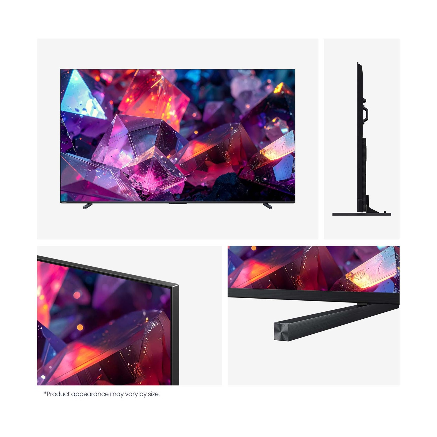 Una TV moderna con schermo di cristallo colorato, con primi piani dettagliati.