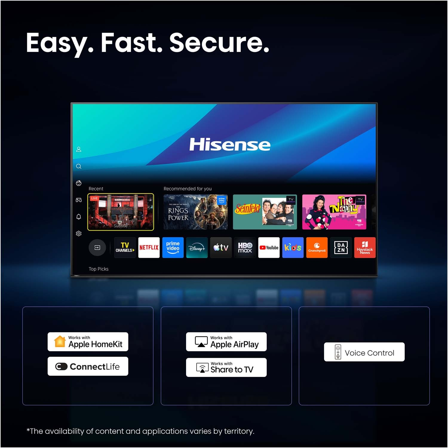 Interfaccia Smart TV Hisense con app e controlli per Apple HomeKit, AirPlay e Controllo Vocale.