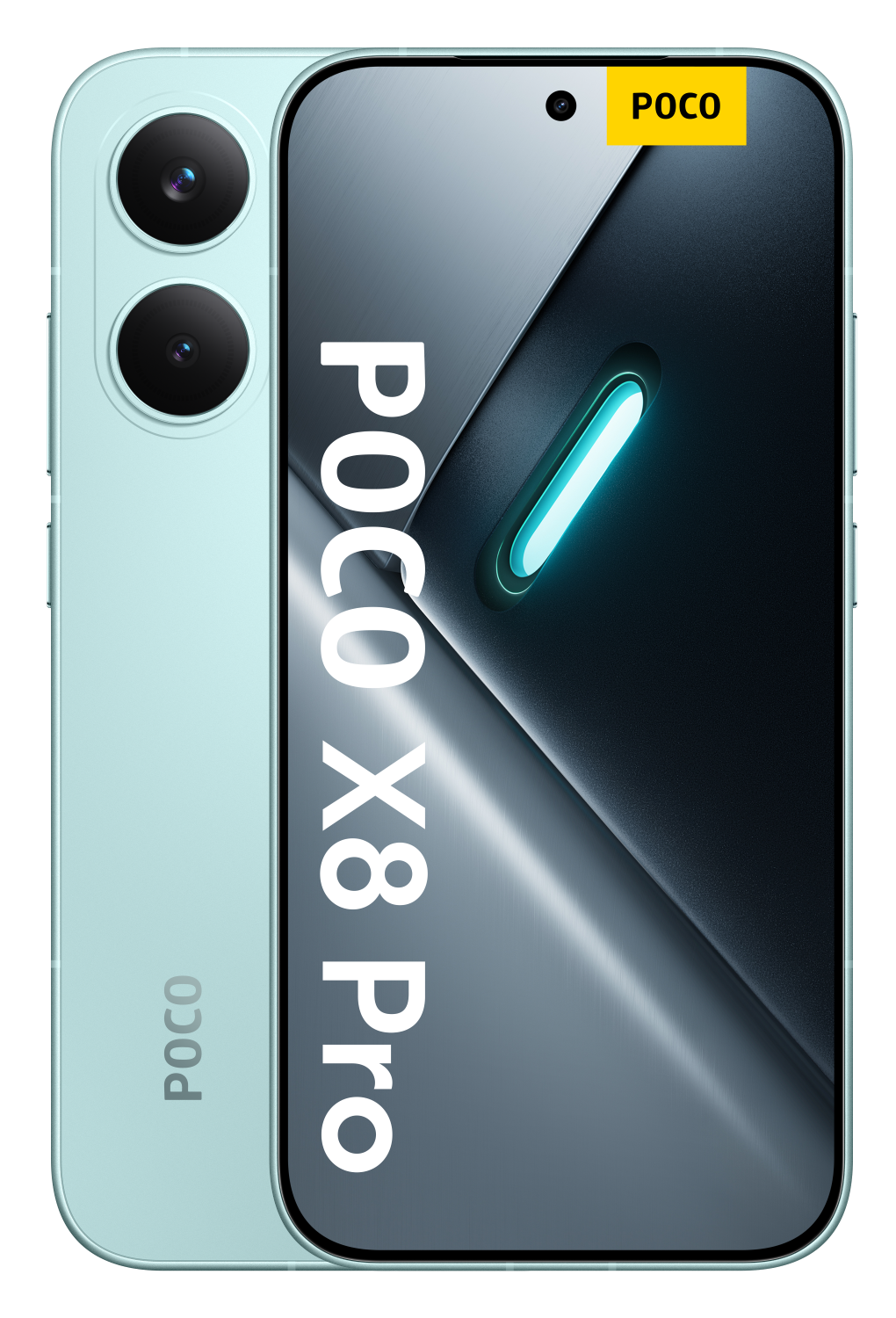 Jasnozielony smartfon z dwoma tylnymi aparatami i napisem POCO X8 Pro.