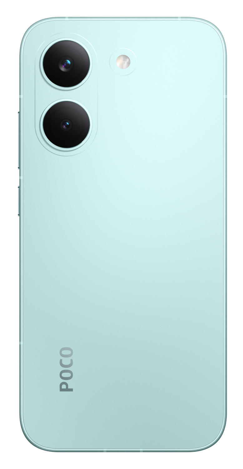 Tył jasnoniebieskiego smartfona z dwoma aparatami i lampą błyskową.