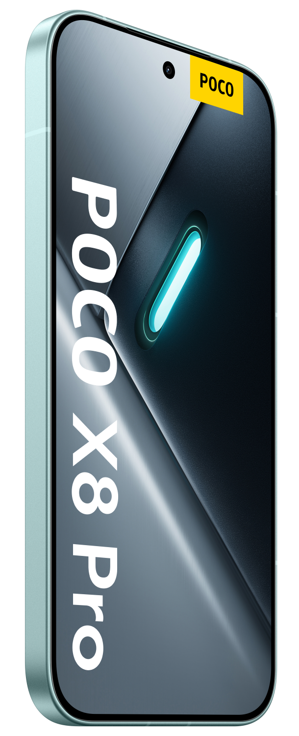Jasnozielony telefon POCO X8 Pro z niebieskim paskiem świetlnym i logo POCO.
