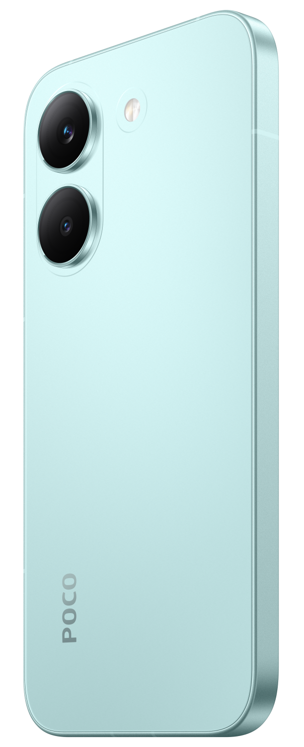 Tył jasnoniebieskiego smartfona z logo POCO i dwoma obiektywami.
