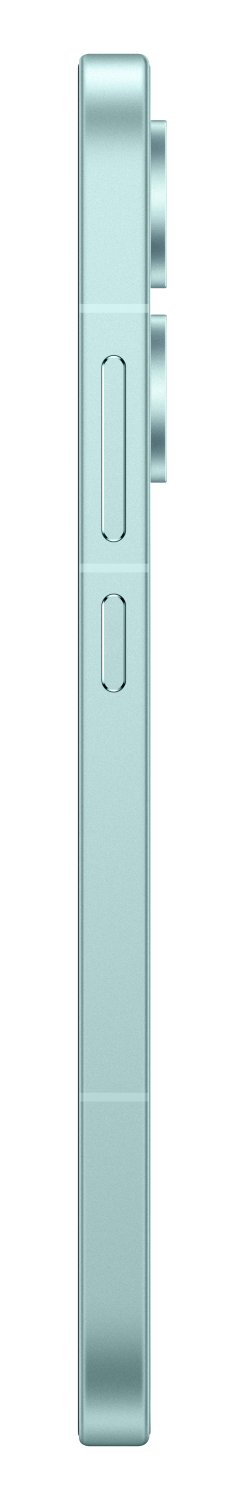 Widok z boku jasnoniebieskiego smartfona ze srebrnymi przyciskami.