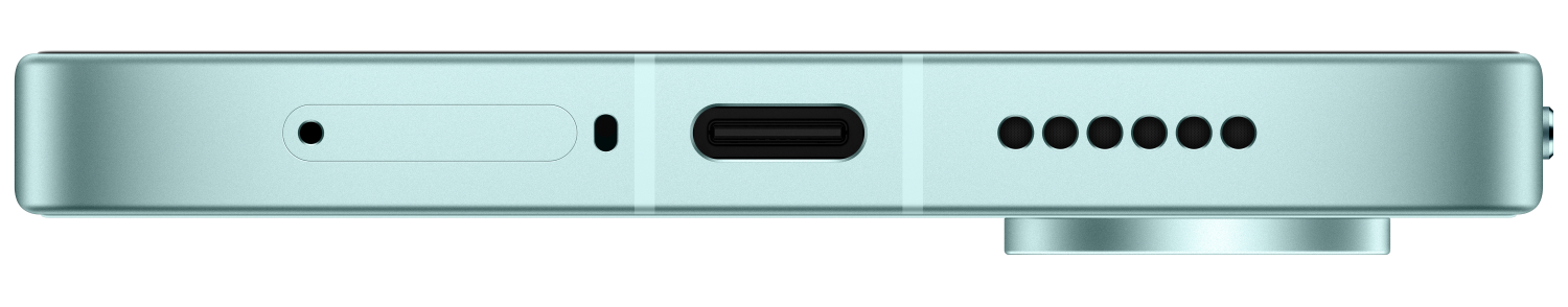 Zbliżenie na jasnoniebieski spód telefonu z portem ładowania i maskownicą głośnika.