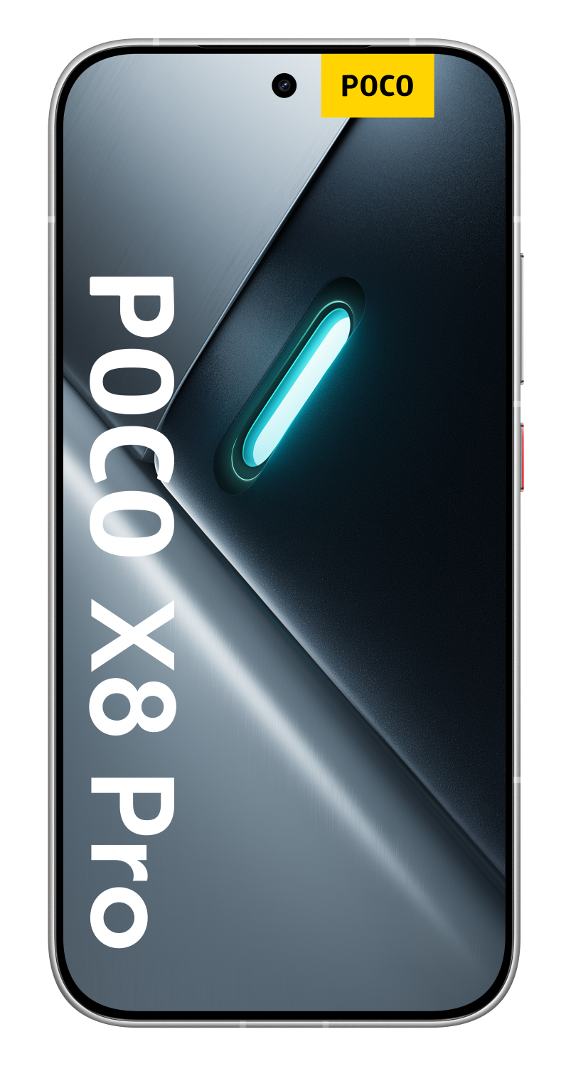 Smartfon POCO X8 Pro z niebieskim akcentem świetlnym i logo POCO.