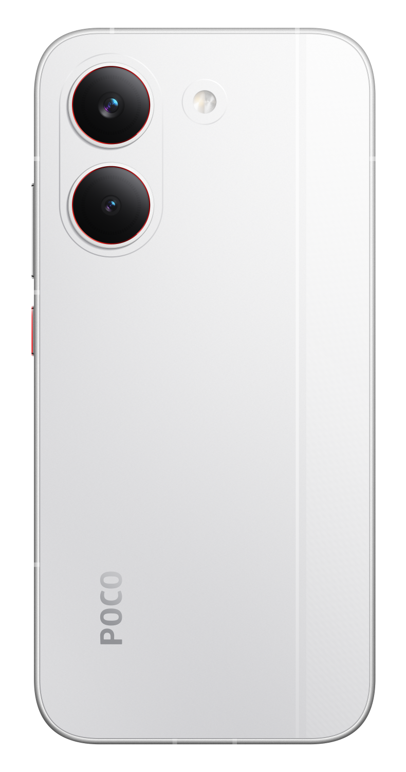 Biały smartfon z dwoma aparatami i lampą błyskową z tyłu.