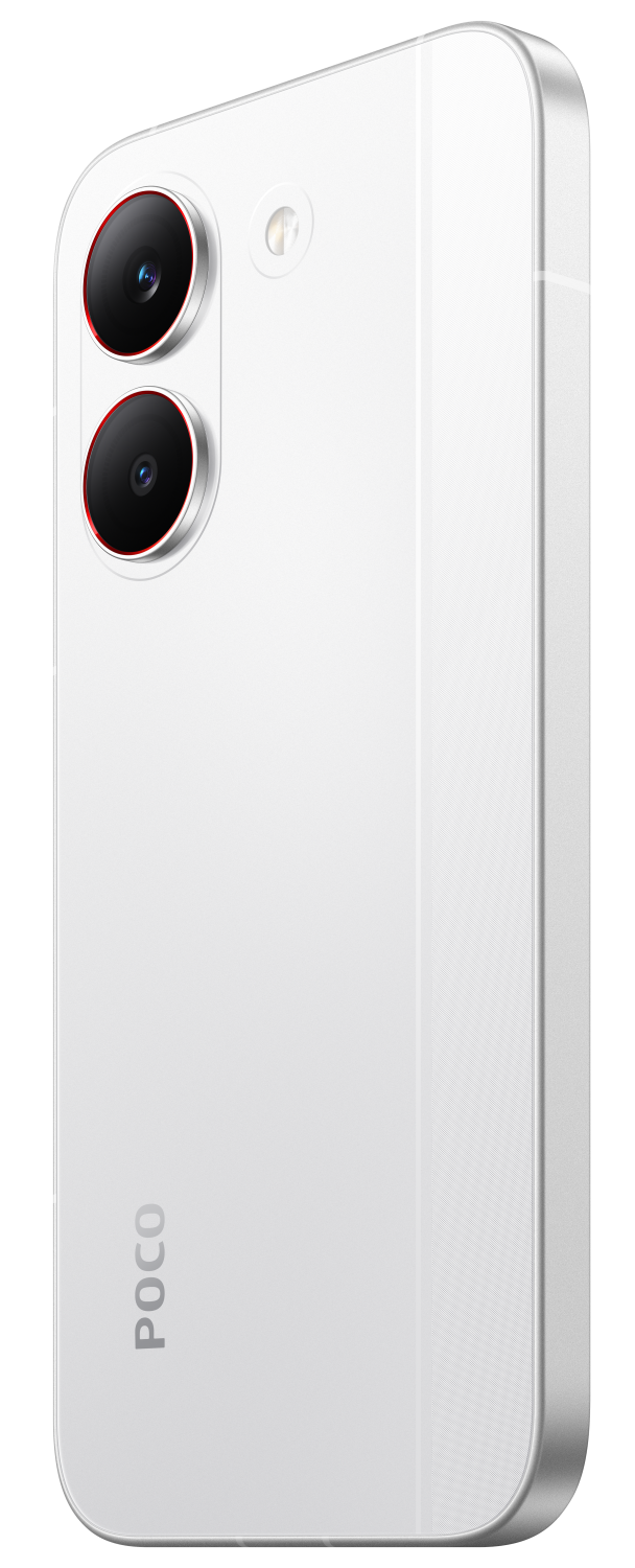 Biały tył smartfona z dwoma aparatami i czerwonymi pierścieniami.