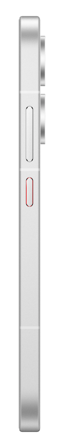 Widok z boku smukłego, srebrnego smartfona z dwoma aparatami i przyciskami głośności.