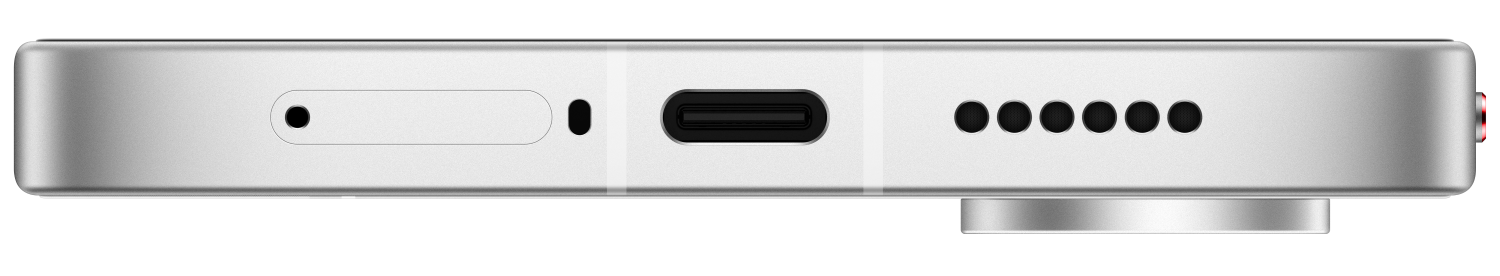 Zbliżenie srebrnej krawędzi z portem ładowania, głośnikiem i przyciskami.
