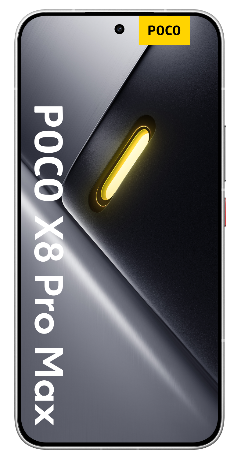 Smartfon z logo POCO i podświetlaną szczeliną.