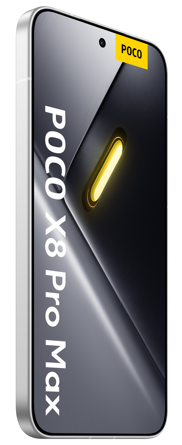 Smartfon POCO X8 Pro Max z srebrną ramką i czarnym tłem.
