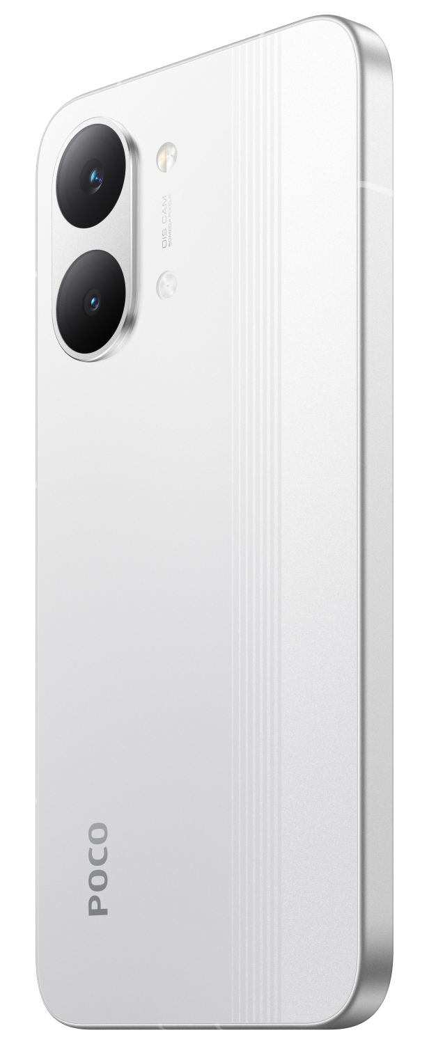 Biały smartfon z logo POCO i dwoma tylnymi aparatami.
