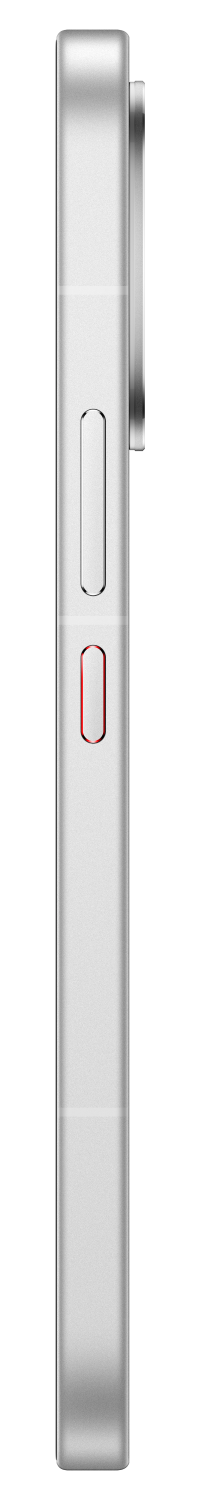 Srebrny profil smartfona z dwoma przyciskami i czerwonym akcentem.
