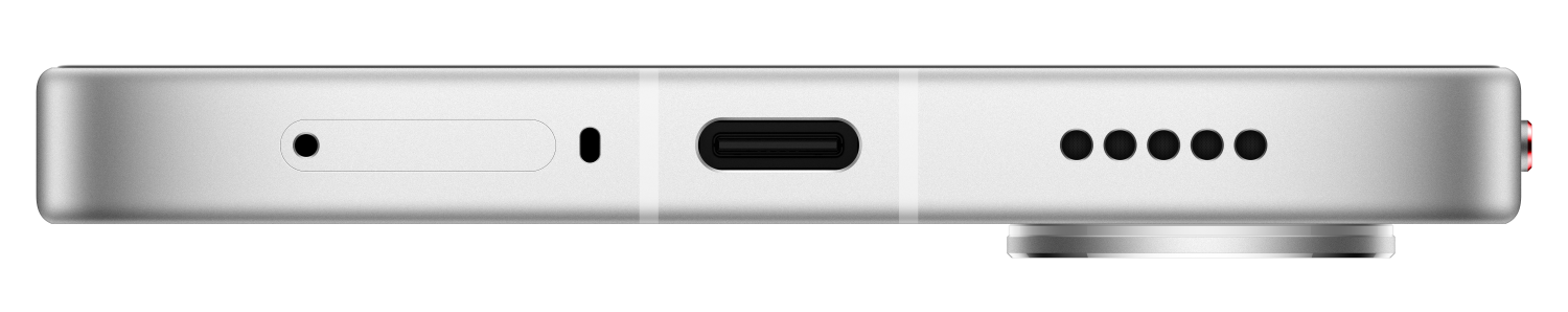 Srebrna obudowa smartfona z USB-C, otworami głośników i czerwonym przyciskiem.