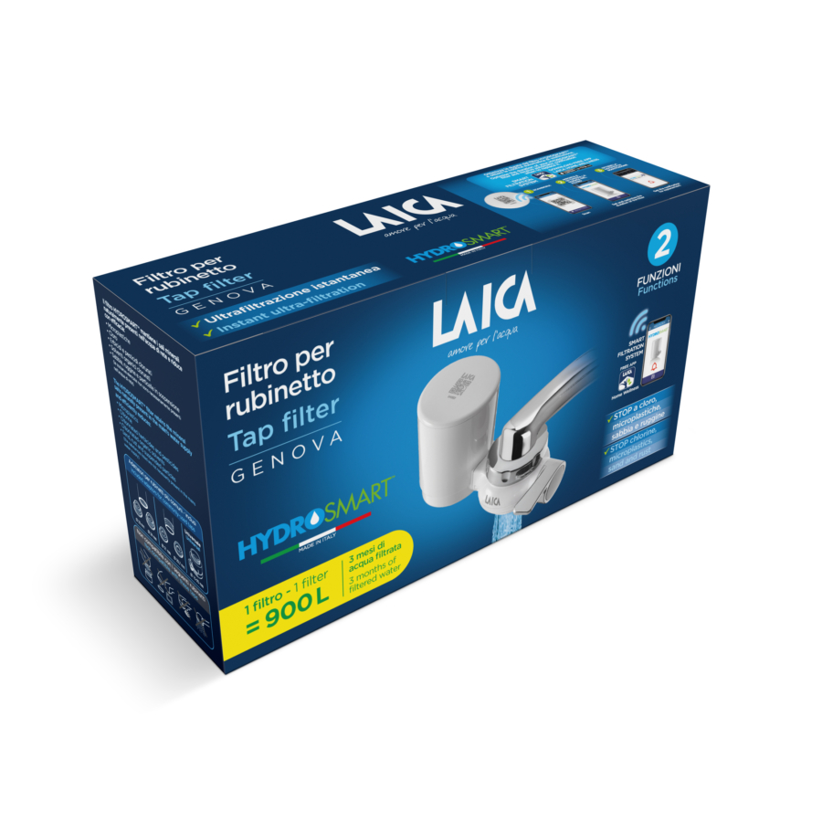 LAICA csapvízszűrő csomagolása HydroSmart technológiával, fehér és kék színben.