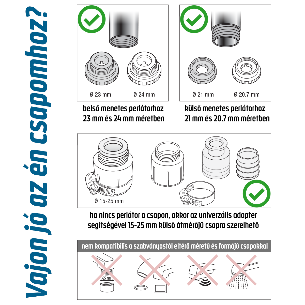 Képek csaptelep perlátor adaptereket mutatnak belső/külső menettel.