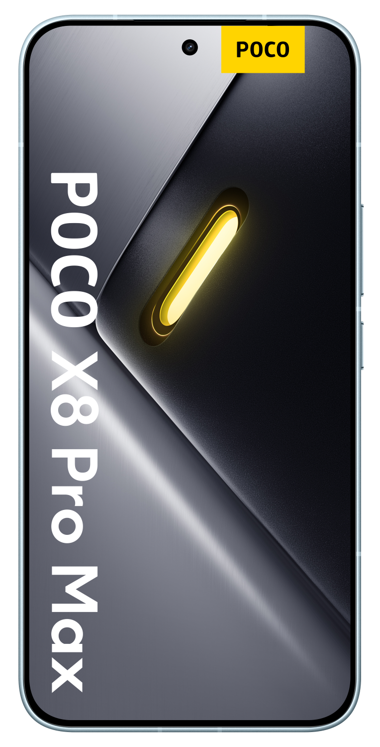 Smartfon z napisem "POCO X8 Pro Max" i żółtym akcentem.
