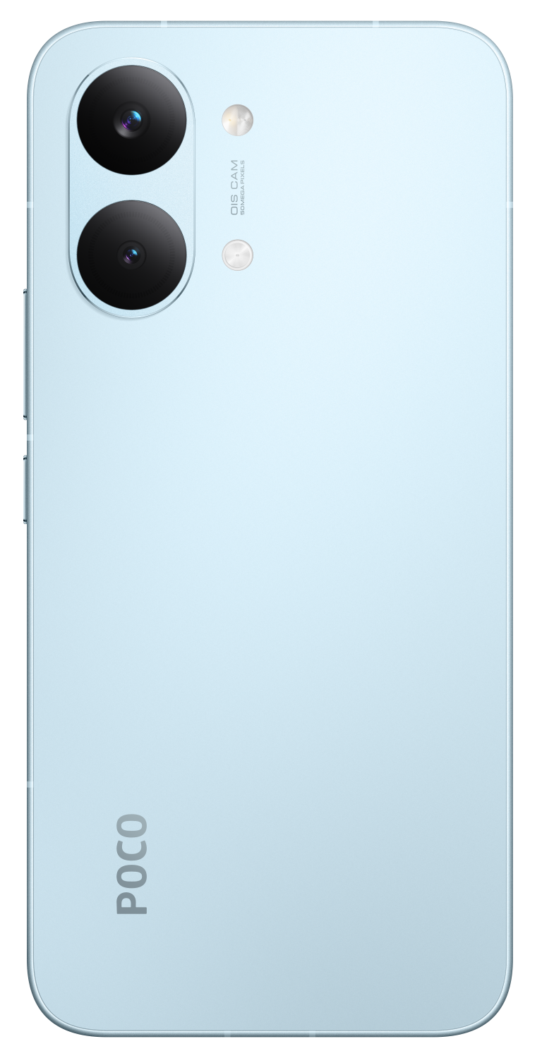 Jasnoniebieski smartfon z dwoma obiektywami i lampą błyskową z tyłu.