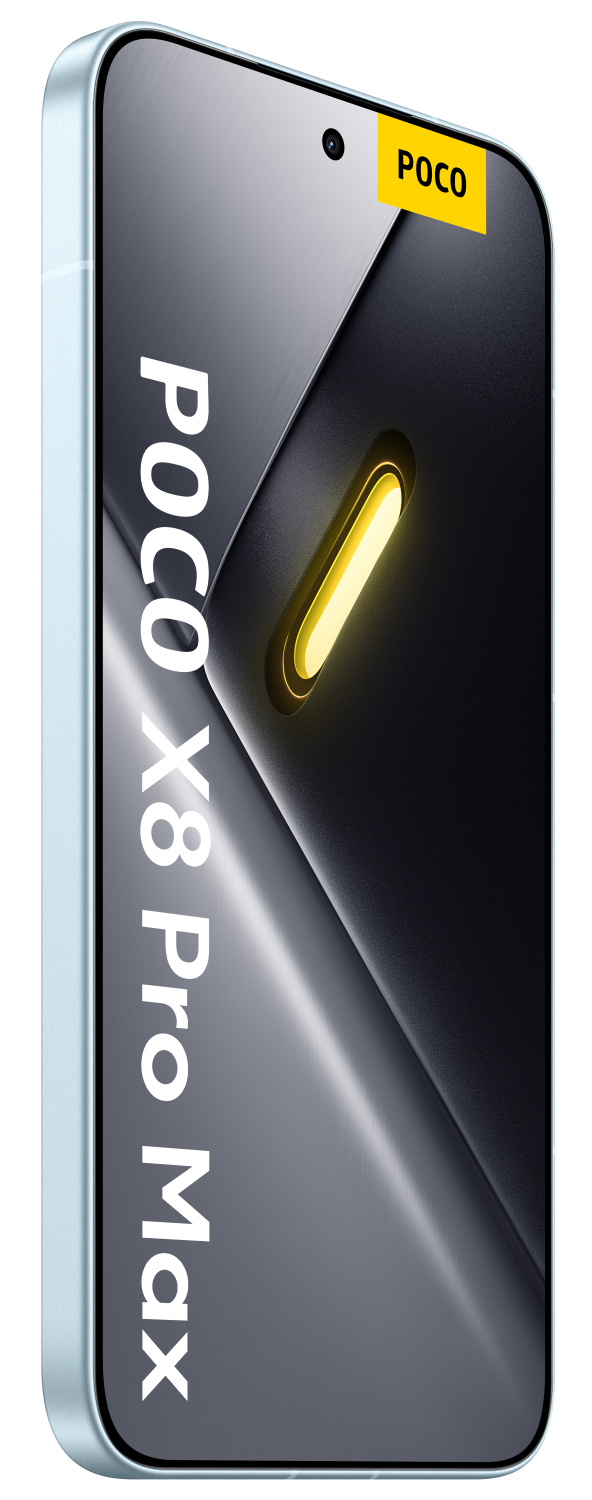 Smartfon POCO X8 Pro Max z żółtym logo POCO, czarnym tłem i świetlnym paskiem.