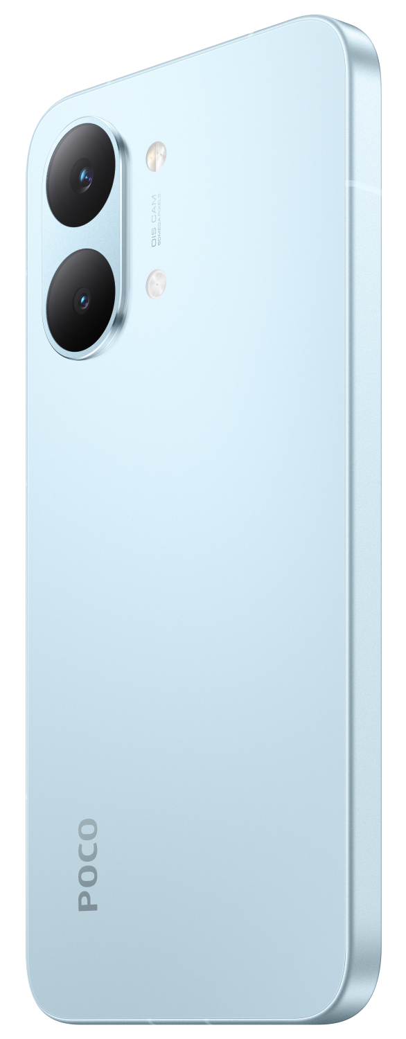 Jasnoniebieski smartfon z dwoma aparatami i logo POCO.