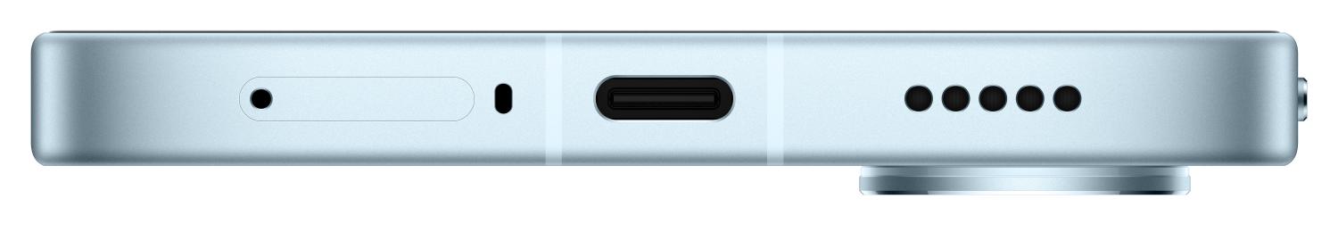 Widok z boku jasnoniebieskiego smartfona z portem USB-C i maskownicami głośników.