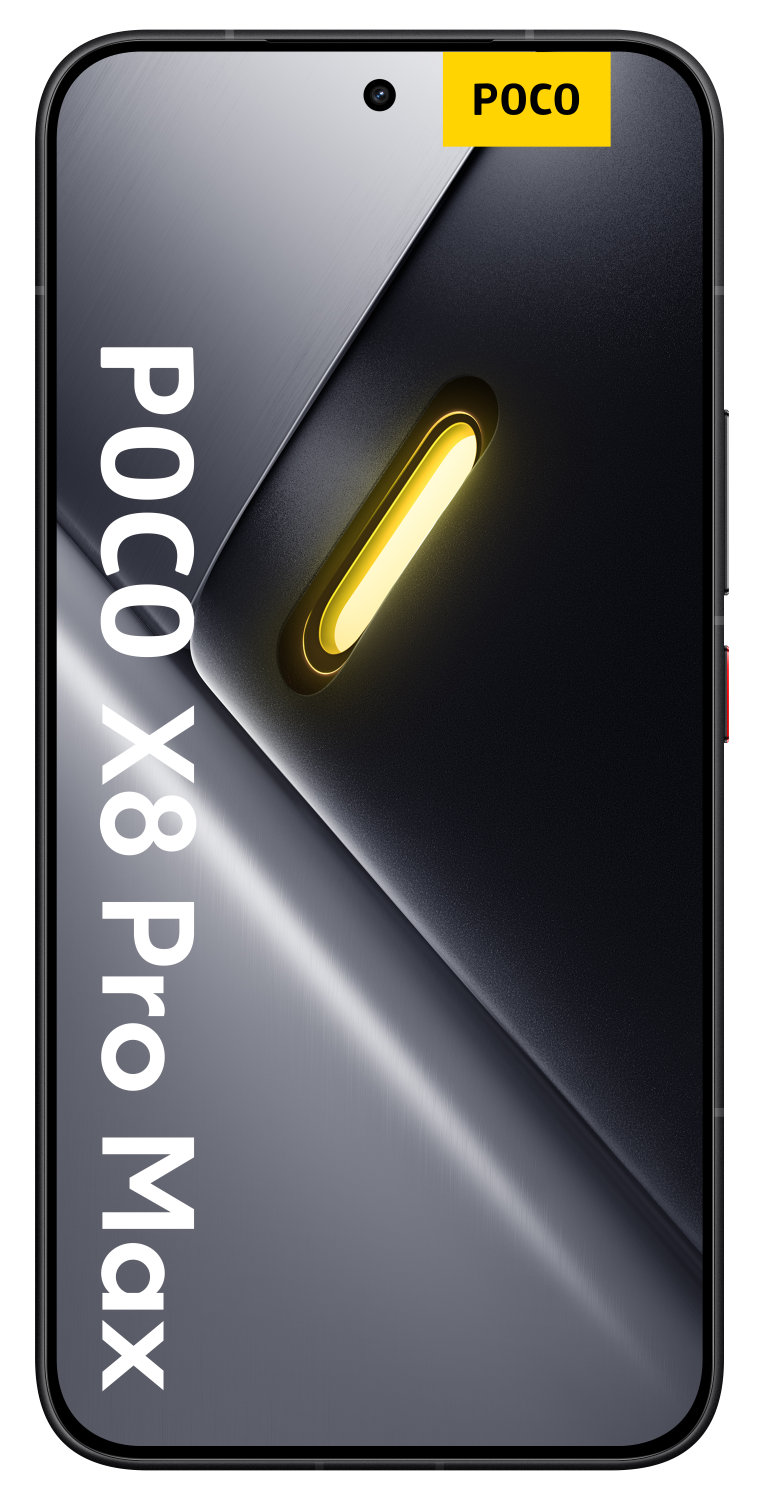 Smartfon z logo POCO i żółtym pasem świetlnym.