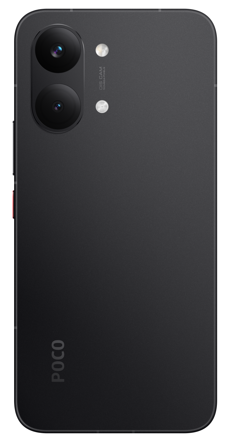 Tył czarnego smartfona z logo POCO i dwoma obiektywami aparatu.